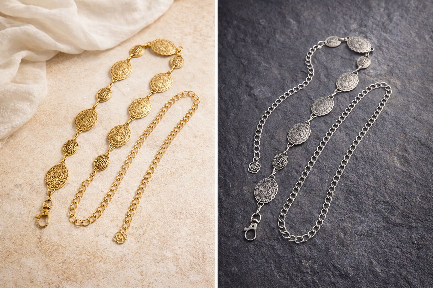 Ethnic geometric belt - gold or silver metal chain - raw accent & assertive style