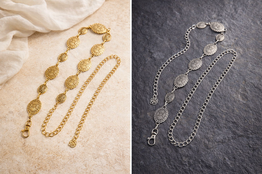 Ethnic geometric belt - gold or silver metal chain - raw accent & assertive style