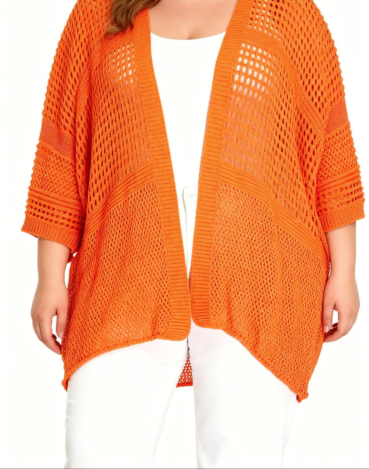 Loose-fitting cardigan with 3/4 sleeves, button closure, and enveloping comfort